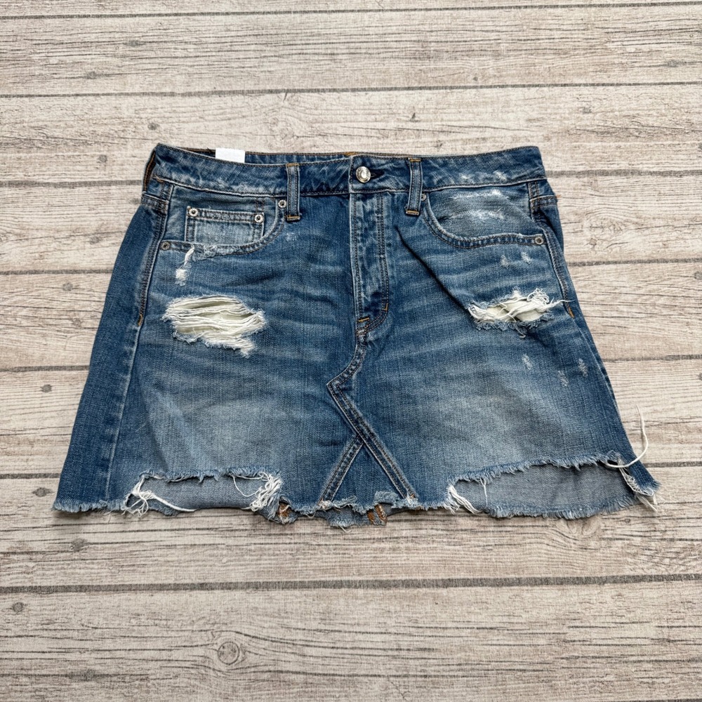 American Eagle Mini Skirt Womens 8 Blue Denim Distressed Button Fly Cut Off Chic